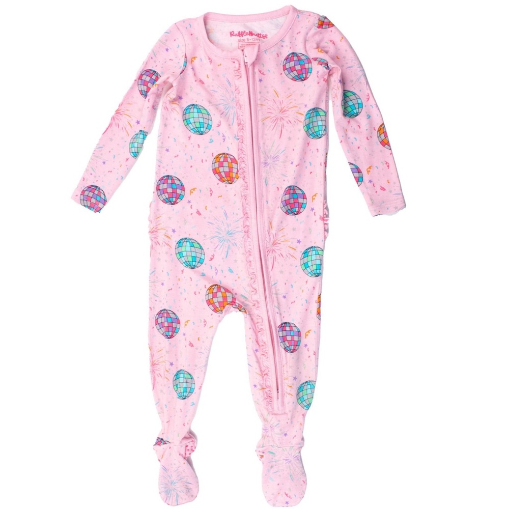 Ruffle Butts Ruffle One Piece Footie Pajamas - Pink Happy New Year